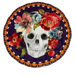 222 Fifth Marbella Skull Floral Fall 8.5” Halloween Purple Salad Luncheon Plate